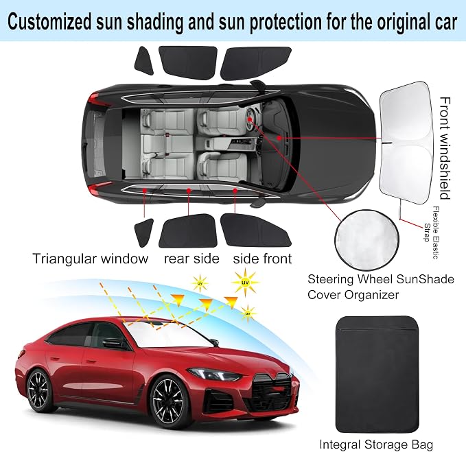 Windshield Sun Shade Car Windshield Foldable Full Windows Coverage Custom Fit for BMW i4 M50 2022-2025 Accessories Window Shades Block Sun UV Rays Privacy Protection 7PCS - Image 3