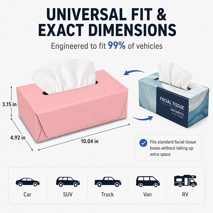 Car Tissue Holder with Magnetic & Strap Mount, Pink, 1 Pack | PU Faux Leather, For Sun Visor, Seat Back, Console, Refrigerator, Fits Standard Tissue Packs - Image 5