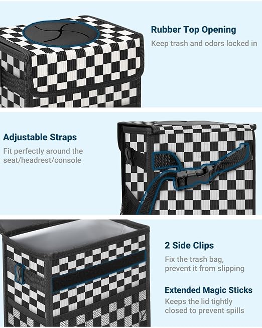 Capolo Car Trash Can with Lid, Leakproof Car Garbage Can Car Trash Bag | Waterproof, Trash Can for Car, 3 Mesh Pockets, Mini Hanging Vehicle Car Trash Bin, for Back/Front Seat (Black Square,2.5 Gal) - Image 3