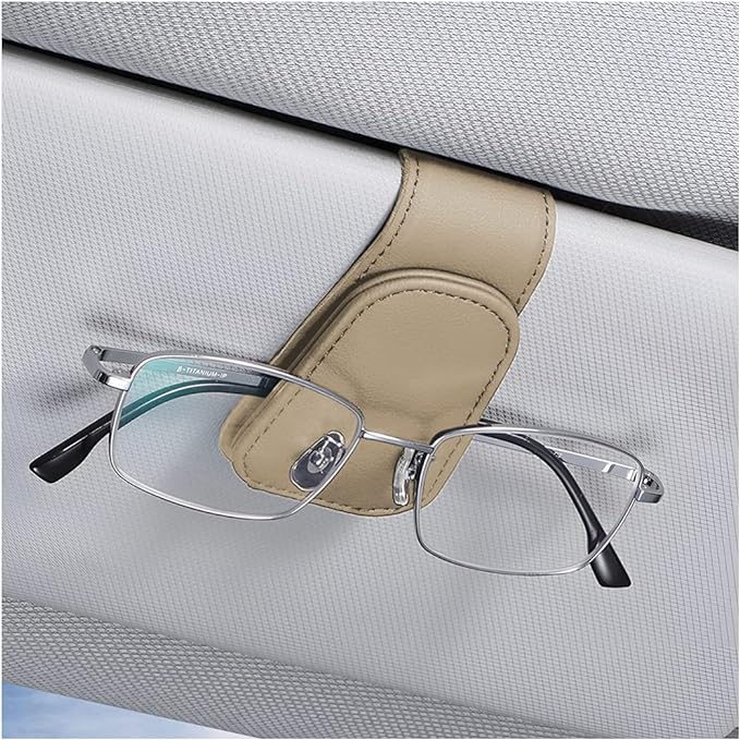AICEL Sunglasses Holders for Car Sun Visor, Leather Magnetic Clip, Beige | Leather Eyeglasses Hanger Mounter, Magnetic Glasses Holder and Ticket Card Clip, Car Accessories, Universal Fit by AICEL