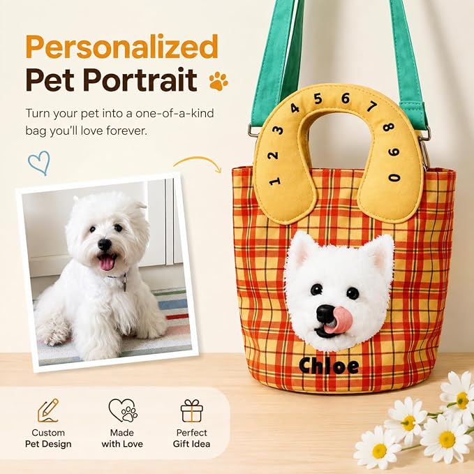 Personalized Pet Portrait Canvas Handbag Custom Dog Cat Mom Gift with Name | Plaid Bucket Bag with Number Handle & Crossbody Strap, Unique Gift for Pet Lovers - Image 2