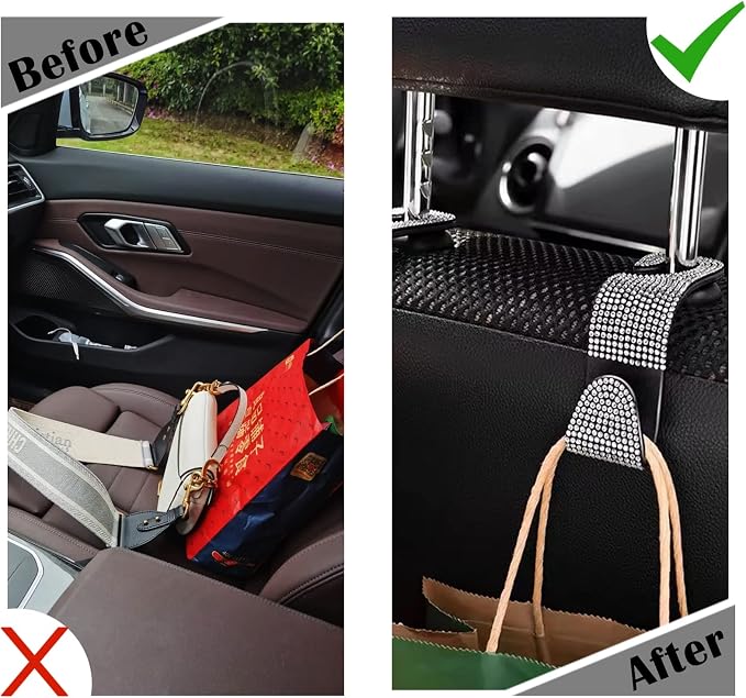 OSIFIT 2PCS Car Seat Hooks - Bling Rhinestone Headrest Hooks with Universal Design - Perfect for Holding Handbags, Clothes, Purses, and Water Bottles - Black - Image 4