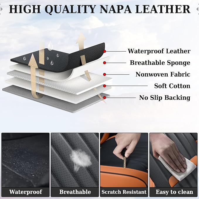 Coverado Car Seat Covers Full Set, Nappa Leather Seat Covers for Cars, Car Seat Protector Car Seat Cushion, Front and Back Seat Protectors Cushions Universal Fit for Most Cars Vehicles(Brown&Black) - Image 8