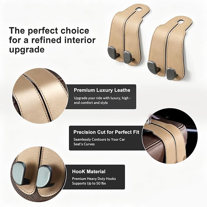 CoBak Extra Wide Car Seat Back Hooks, Premium Stitched Leather Headrest Hangers with Wide Slot Structure, Universal for Any-Width Purses, Handbags, Bags (2 Pack), Gold - Image 2