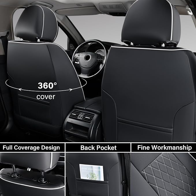 Coverado Tacoma Seat Covers Full Set, Faux Leather Seat Covers Custom Fit for 2016-2023 Toyota Tacoma Double/Crew Cab Base Prerunner SR5 Limited TRD Sport Interior Covers (White Line) - Image 2