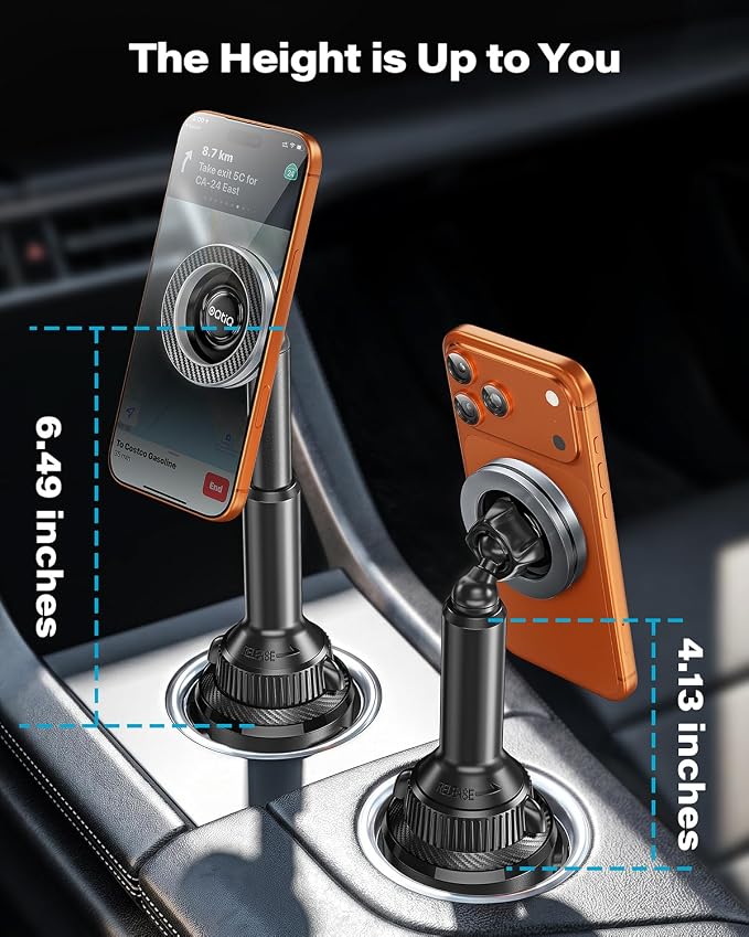 Phone Cup Holder for Car Mount for MagSafe, Quick Extension Long Arm | 360° Rotation, Fits 3"-4" Cup Holders - Stable & Secure for iPhone 12-17 Series, Carbon Fiber Pattern - Image 2
