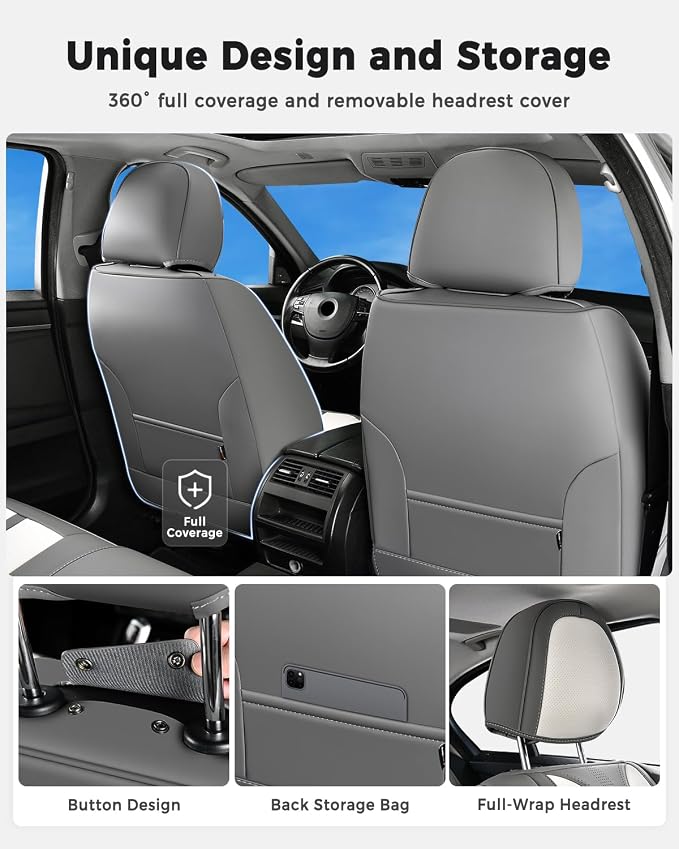 Huidasource Front Car Seat Covers Luxury Nappa Leather, Car Seat Covers Front Seats with Airbag, Front Storage Pocket, Lumbar Support Cooling＆Heating Universal Fit for Most Cars SUV Trucks, Gray&White - Image 4