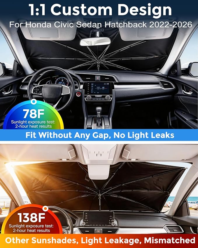 Weektic Custom Windshield Sun Shade Umbrella for Honda Civic Sedan & Hatchback 2022-2026, Double Thickened Ice Crystal Coating Sun & Heat Protection, Keep Vehicle Cool & Protect Interior - Image 2