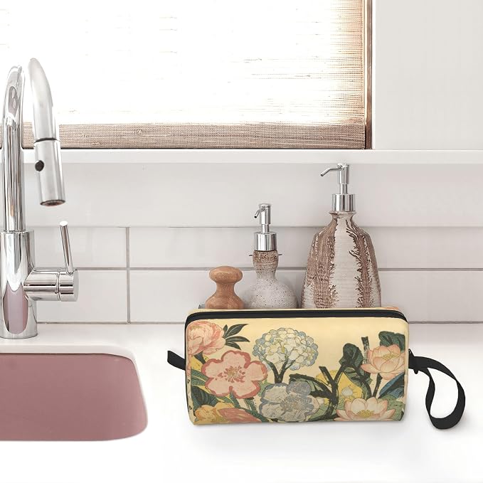 Vintage Floral Makeup Bag for Women with Wrist Strap | Durable 600D Oxford Fabric Cosmetic Organizer,Compact Travel Pouch with Handle for Gym & Daily Use - Image 7