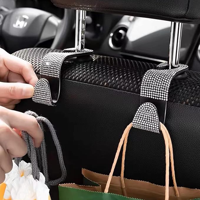 OSIFIT 2PCS Car Seat Hooks - Bling Rhinestone Headrest Hooks with Universal Design - Perfect for Holding Handbags, Clothes, Purses, and Water Bottles - Black - Image 6