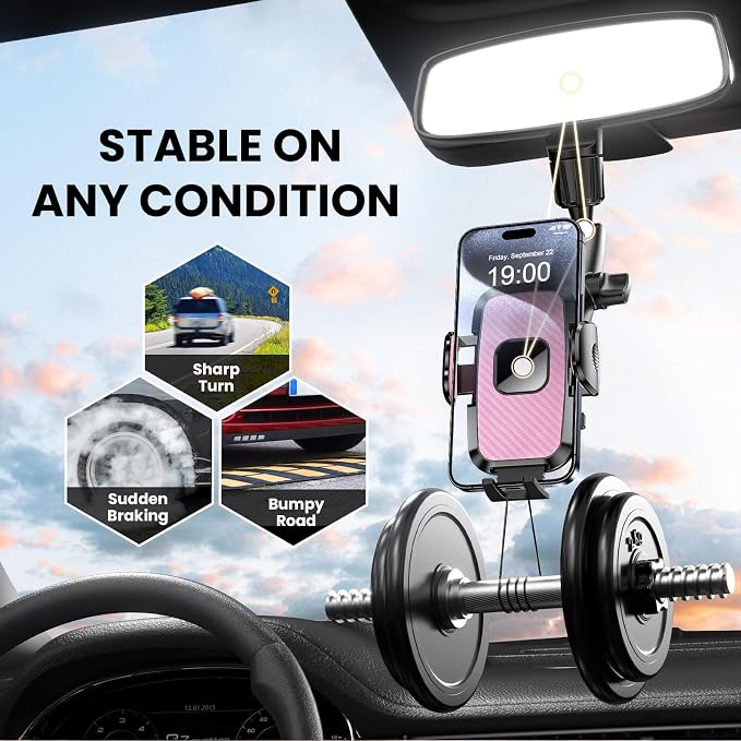 Rear View Mirror Phone Holder, 360° Rotating Car Phone Holder Mount Compatible with All 4-7 Inch iPhone and Android Cell Phones (Pink) - Image 6