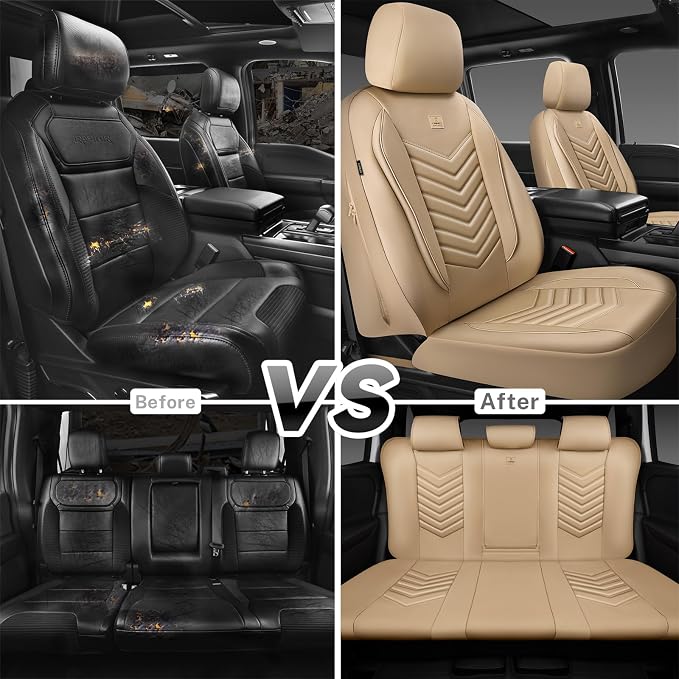 CAR PASS 3D Foam Faux Leather Seat Covers Full Set,Waterproof Tan Leather Seat Cover for Cars,Luxury Universal Fit Anti-Slip for SUV Truck Sedan Automotive,Armrest Airbag Compatible,All Beige - Image 7