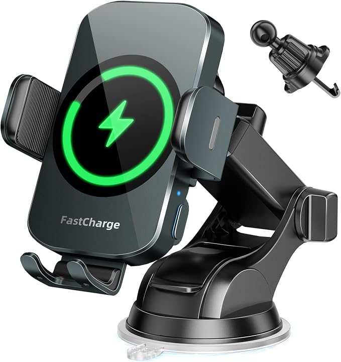 3-in-1 Wireless Car Charger Mount, 15W Fast Charging Auto-Clamping Phone Holder for iPhone 17 16 15 14, Samsung Galaxy S24 S23, Dashboard, Vent & Windshield Car Mount(Forest Green) by BothLin