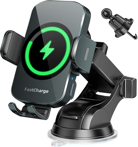 3-in-1 Wireless Car Charger Mount, 15W Fast Charging Auto-Clamping Phone Holder for iPhone 17 16 15 14, Samsung Galaxy S24 S23, Dashboard, Vent & Windshield Car Mount(Forest Green) by BothLin