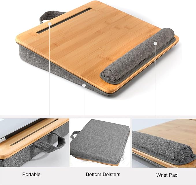 Bamboo Lap Desk for Laptop with Cushion Tablet Phone Holder Handle | Laptop Stand with Anti-Slip Strip Fits up to 15.6 inch Portable Computer Lap Desk for Couch, Bed & Car - Image 6