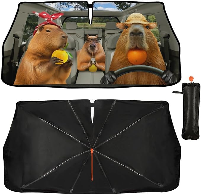 Funny Capybara Car Windshield Sunshade Umbrella Capybaras Sun Shade Umbrella for Car Foldable Windshield Umbrella Block UV Rays Heat Keep Vehicle Cool for Cars SUV 57"x30" by PZTZH