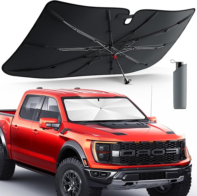 DMJN Umbrella Windshield Sun Shade for Truck, Car Sunshade for Front Windshield [Nano Ice-Crystal Coatings] UPF50+ Heat & UV Block, Protect Interior & Keep Cooler Universal for Truck & Large SUV by DMJN