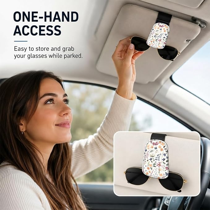 Leather Magnetic Sunglass Holder for Car Sun Visor, Cute Eyeglass Ticket Card Hanger Clip, Universal Auto Interior Accessories for SUV Pickup Truck, Soft Floral - Image 2