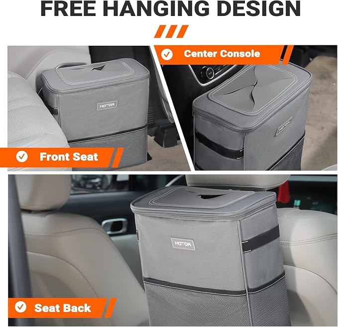 HOTOR Car Trash Can, Compact Waterproof Organizer, Leak-Proof Bin, 3-Gallon | Gray, Multifunctional Car Accessory with Adjustable Straps & Magnetic Snaps for Interior Car Storage - Image 8