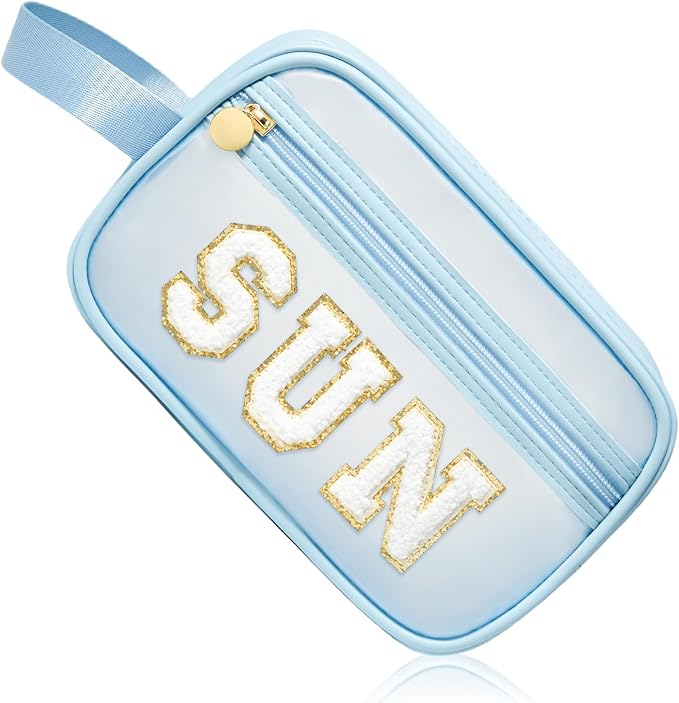 COSHAYSOO Clear Sunscreen Bag Makeup Toiletries Pouch Beach Vacation Essentials Summer Travel Stuff Accessories Personalized Graduation Gifts for Her Women College Teen Girls Teacher Nurse Blue SUN by COSHAYSOO
