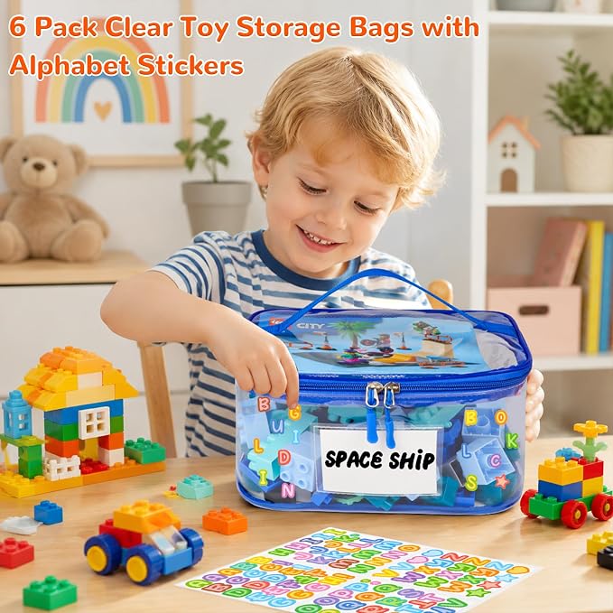 Tesuko 6 Pack Clear Toy Storage Bag with Name Tag& Manual Pocket, Waterproof Transparent PVC Toy Organizer Case for Lego Bricks, Board Games, Building Blocks, Puzzles (Large Capacity, Colorful) - Image 9
