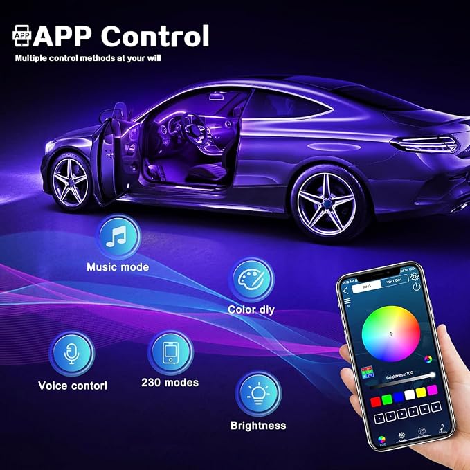 Acrylic Interior Car LED Strip Light with Wireless APP, Car Accessories 18 in 1 with 175 inches 593 LEDs Fiber Optic Ambient Lighting Kits, RGB Dynamic Music Sync Neon LED Strip Light for Car - Image 4