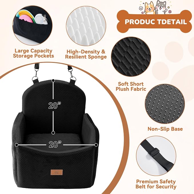 Dog Car Seat for Medium/Small Dogs, Dog Booster Car Seat, Pet Booster Seats Up to 40lbs with Waterproof Layer, 3 Storage Pockets and Safety Belt (Black) - Image 8
