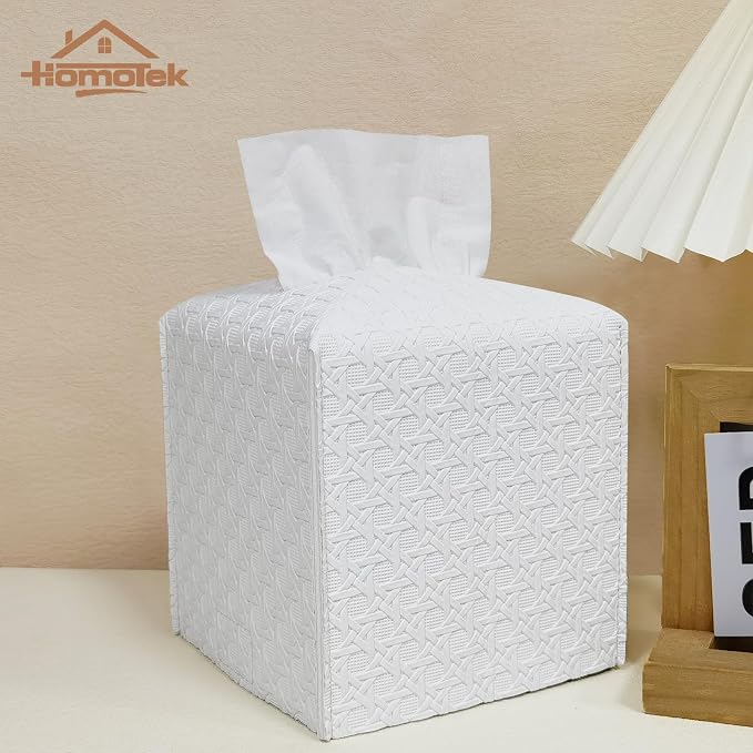 HOMOTEK 2 Pack Tissue Box Cover,PU Leather Tissue Holder,Square Decorative Facial Tissue Cube Paper Organizer Dispenser for Bathroom, Night Stands, Desk, Car 5X5X5'' - Rattan Weave, Pure White - Image 3