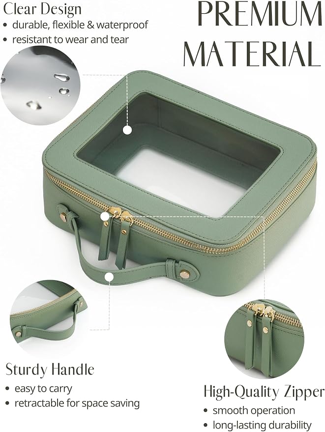 Clear Makeup Bag Mahjong Tile Bag with Zipper and Handle Sage Green | Structured Large Travel Makeup Bag for Toiletries for Women, Big Long-trip Cosmetic Case, Waterproof PU Leather, Wide Opening - Image 2