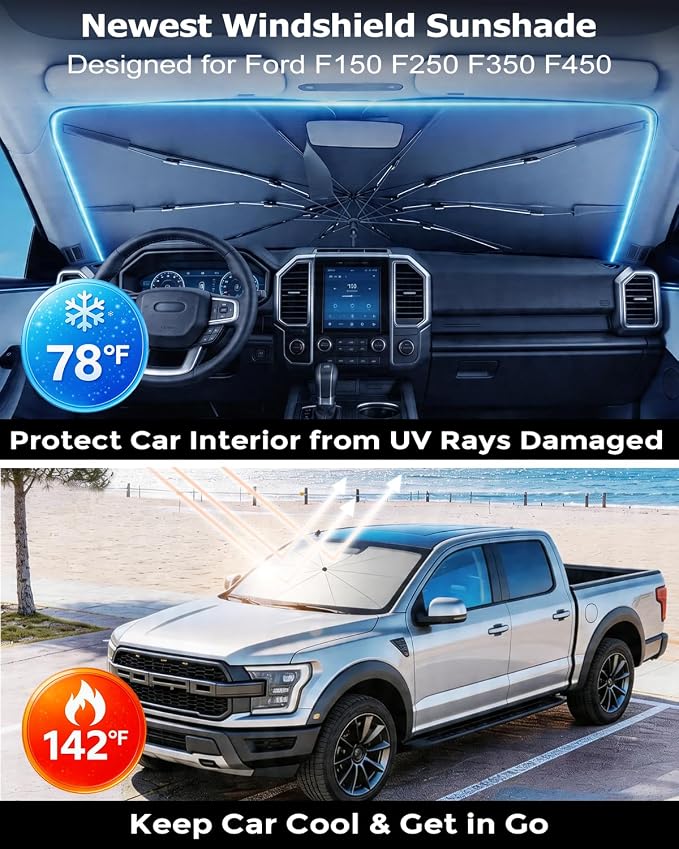 DMJN Umbrella Windshield Sun Shade for Ford F150 F250 F350 F450 (2015-2026), Car Sunshade for Front Windshield [Nano Ice-Crystal Coatings] UPF50+ Heat & UV Block, Protect Interior & Keep Cooler - Image 2