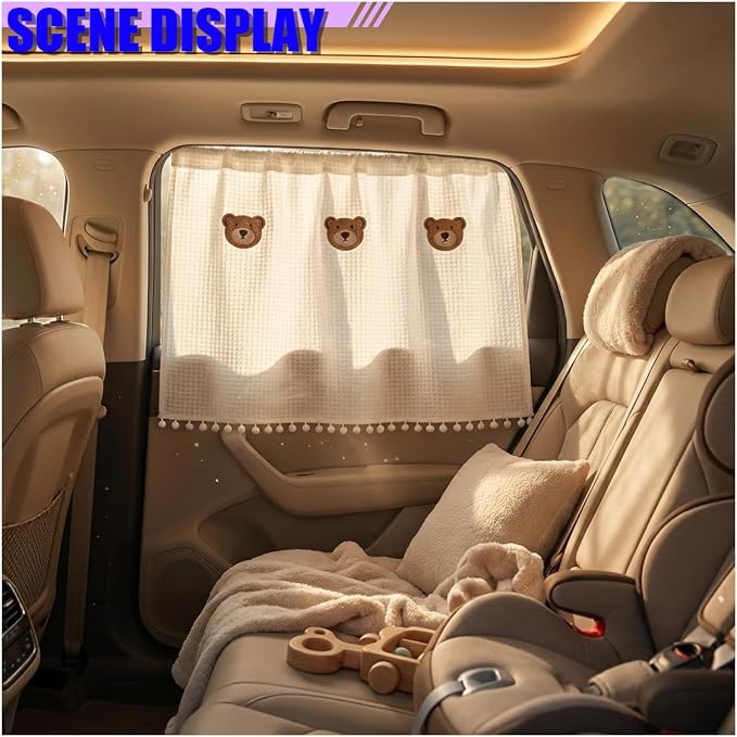 Cute Car Window Shades, 27" x 20" Automotive Side Window Privacy Curtains with Suction Cup, Sun Blackout UV Protection Car Camping Windows Screen Shades for Baby, Pet (Bear) - Image 3