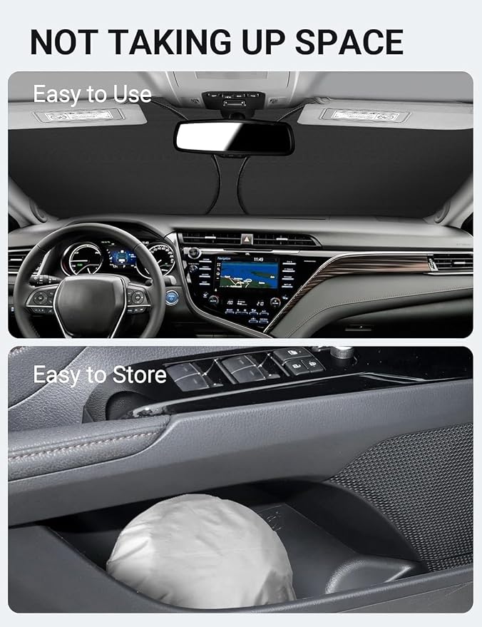 Proadsy Custom Fit 2018-2026 Toyota Camry Windshield Sun Shade, Blocks Heat | 240T Heat Shield, Drops Temp 54°F, Blocks 99% UV, Prevents Dashboard Cracking, Summer Parking & Beach Trips, Easy Twist-Fold - Image 9