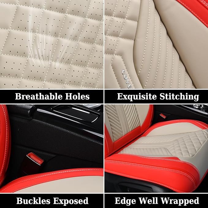 Coverado Leather Car Seat Covers Full Set, 5 Seats Seat Covers for Cars, Waterproof Car Seat Cushions, Front and Rear Seat Protectors Universal Fit Most Vehicles (Red&Beige) - Image 8