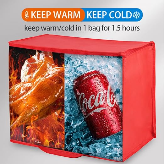 Bodaon 1-Pack Insulated Reusable Grocery Shopping Bags, X-Large Picnic Cooler Bag with Top Cold, Insulated Food/Pizza Delivery Bag (Red) - Image 3