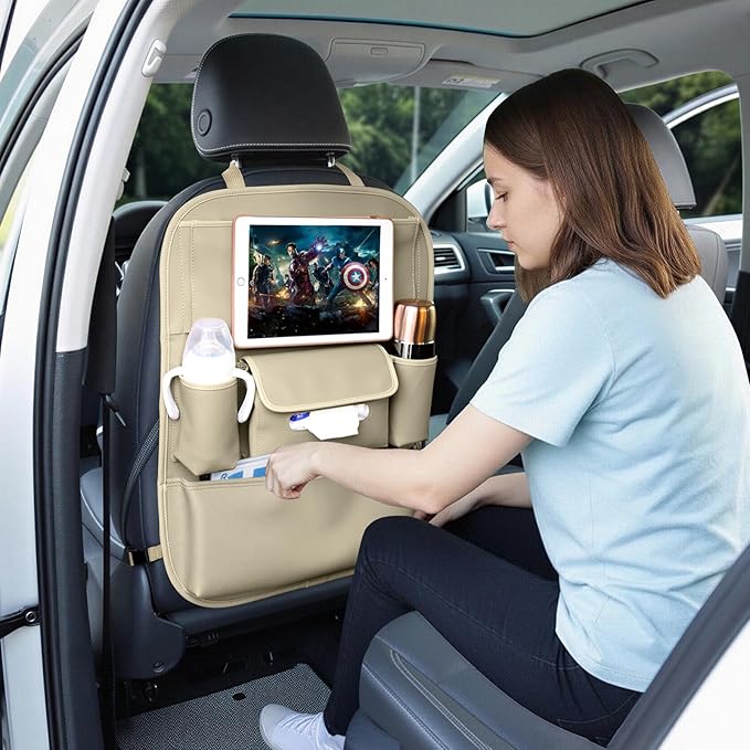 Viaviat Car Seat Organizers Waterproof Backseat Protector with Storage Pocket Large Leather Kick Mats for Kids Pets Automobile SUV Truck (Beige, Large Pocket) - Image 2