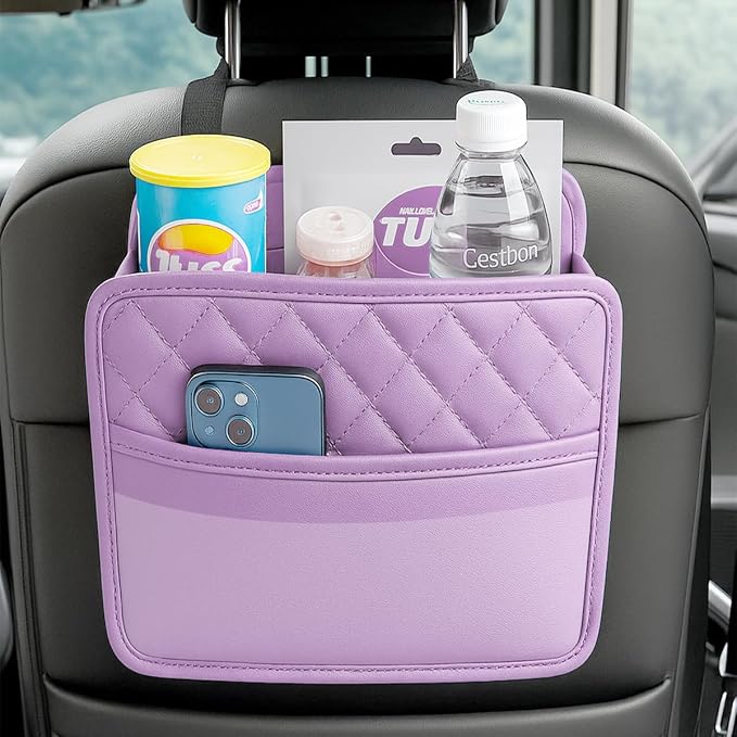 Mandark PU Leather Car Seat Back Organizer, Purple | Three-pocket layout with clear panel, elastic strap installation, fits most cars, SUVs, and trucks, car interior accessories - Image 6
