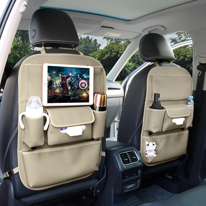 Viaviat Car Seat Organizers Waterproof Backseat Protector with Storage Pocket Large Leather Kick Mats for Kids Pets Automobile SUV Truck (Beige, Large Pocket) - Image 7