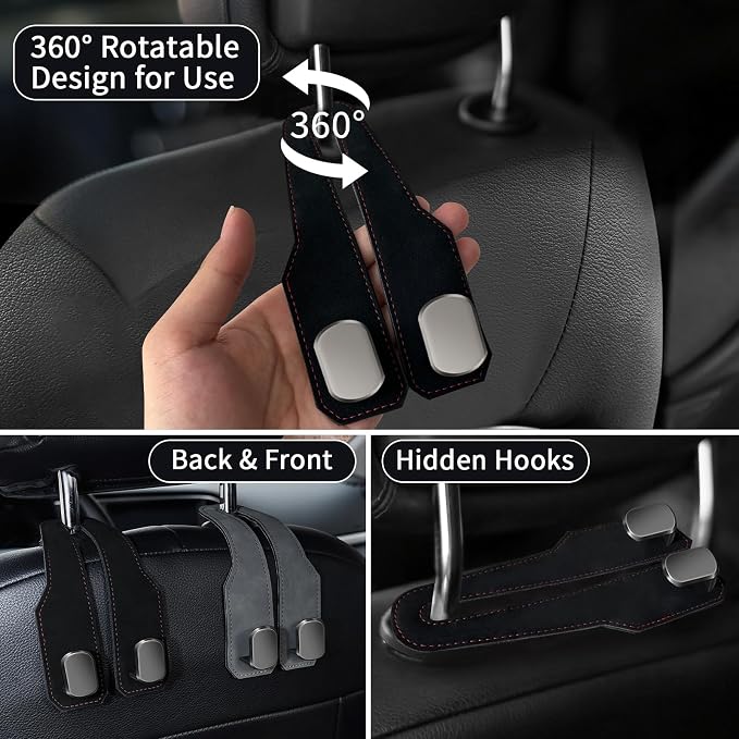 Car Purse Hook, Car Seat Headrest Hooks, Black Leather 4 Pack | Car Purse Holder Hooks, Universal Car Hangers Seat Back Organizer Storage, Double Metal Hooks for Grocery Purses and Bags - Image 2