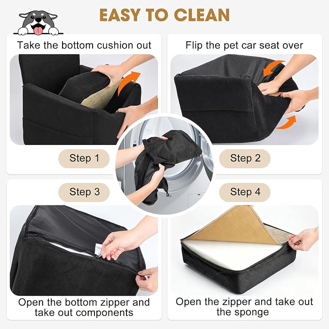JOEJOY Dog Car Seats for Small Medium Dogs Under 35lbs, Dog Booster Seat with Detachable Washable Cover and Cushion, Memory Foam Pet Car Seat with Safety Belt and Storage Pockets (Black) - Image 7