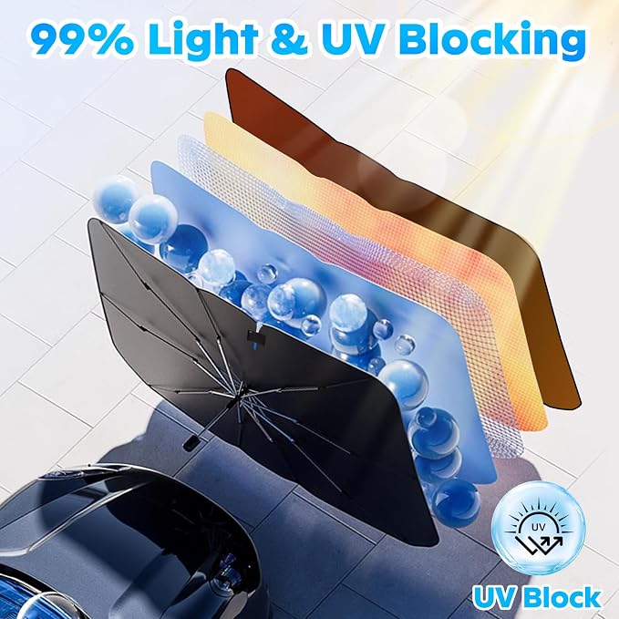 2026 Car Windshield Sun Shade Umbrella, Foldable Car Sunshade with UV Block | Car Front Window Shield, Heat Insulation Protection, 360° Rotation Handle, Storage Bag, Fits SUV Hatchback & MPV (55" x 32”) - Image 6