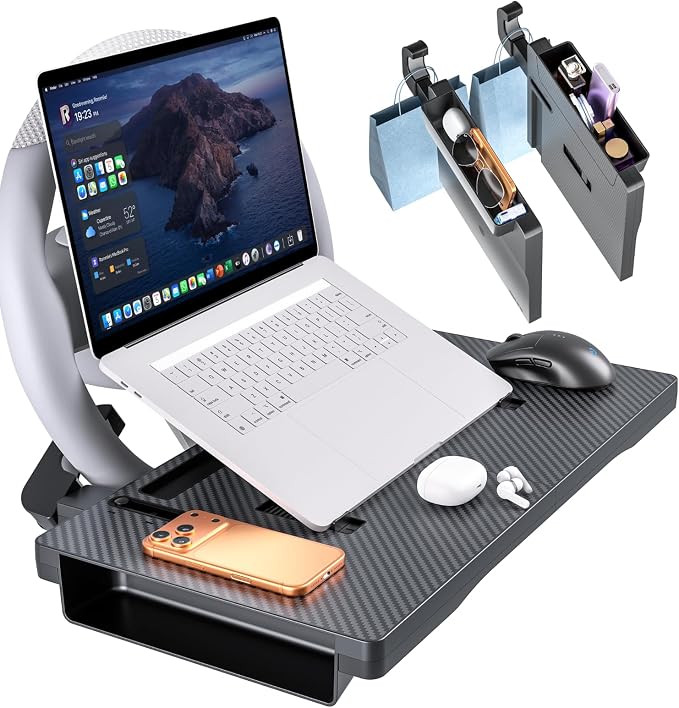 2-in-1 Car Steering Wheel Desk & Seat Gap Organizer Filler Tray | Foldable Adjustable Height Car Desk for Laptop Computer Tablet, Eating - Portable Table for Car Workstation Truck SUV Tesla by Qlhshop