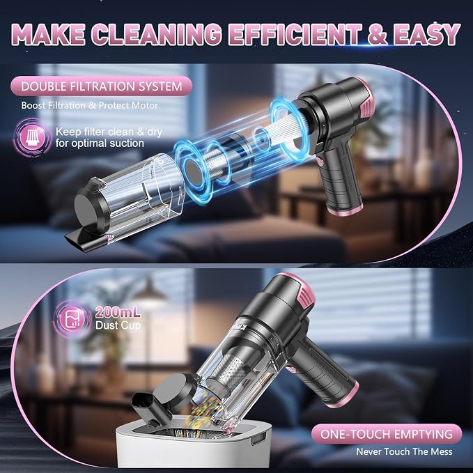 KMM Handheld Car Vacuum Cleaner, Hand Held Car Vacuum & Air Duster | 16000PA Strong Suction, 120W High Power, Cordless, Portable, Rechargeable, Multi-Nozzles & LED Light, For Home, Car, Office - Image 6