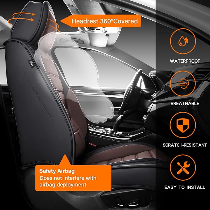 MINGBRON Seat Covers, Car Seat Covers Front Seats, Car Seat Cover, Car Seat Protector Waterproof, Car Seat Cushion Nappa Leather, Brwon Seat Covers Carseat Cover Universal Fit for Most Cars - Image 5