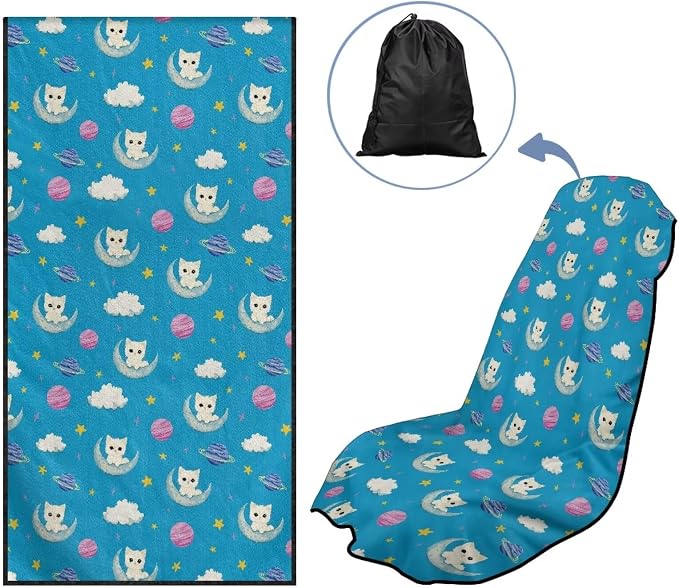 Horeset Planet Cat Sweat Towel Seat Cover Stain Resistant Sports Towel Seat Protection Easy Install Front Car Seat Cover for Yoga Camping Swim Car Seat Cover Protector - Image 5