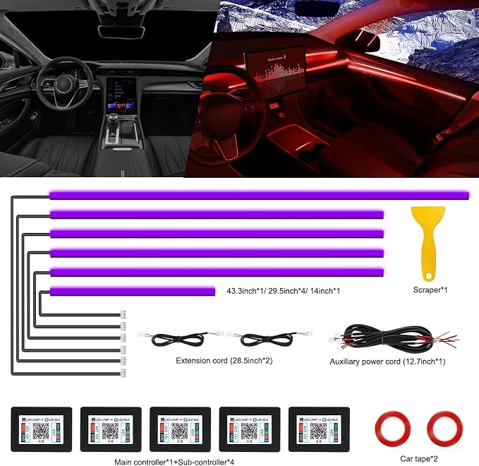 Acrylic Interior Car LED Strip Light with Wireless APP, Car Accessories 6 in 1 with 175 inches 593 LEDs Fiber Optic Ambient Lighting Kits, RGB Dynamic Music Sync Neon LED Strip Light for Car - Image 3