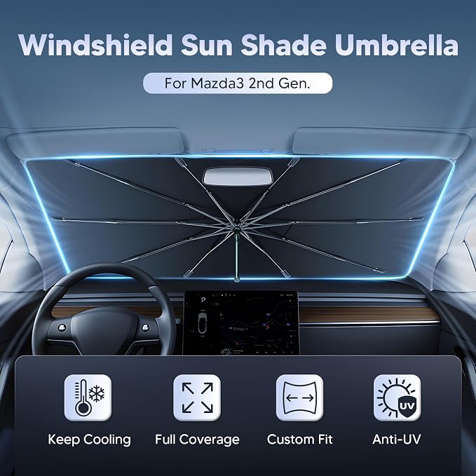Autorder Windshield Sun Shade Umbrella for Mazda 3 2014-2026 Mazda3 Accessories,Upgraded Ice Crystal Material,Easy Setup Umbrella Sunshade for Car Windshield,100% Sun Blocking - Image 2