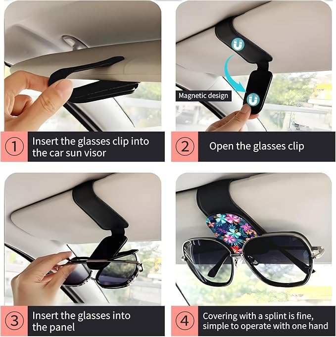 Sunglasses Holder for Car Visor, PU Leather Glasses Clip Organizer, Cute Magnetic Eyeglass Holder for Vehicle Sun Visor, Car Interior Accessory for Women & Men Tropical Neon Flowers - Image 3