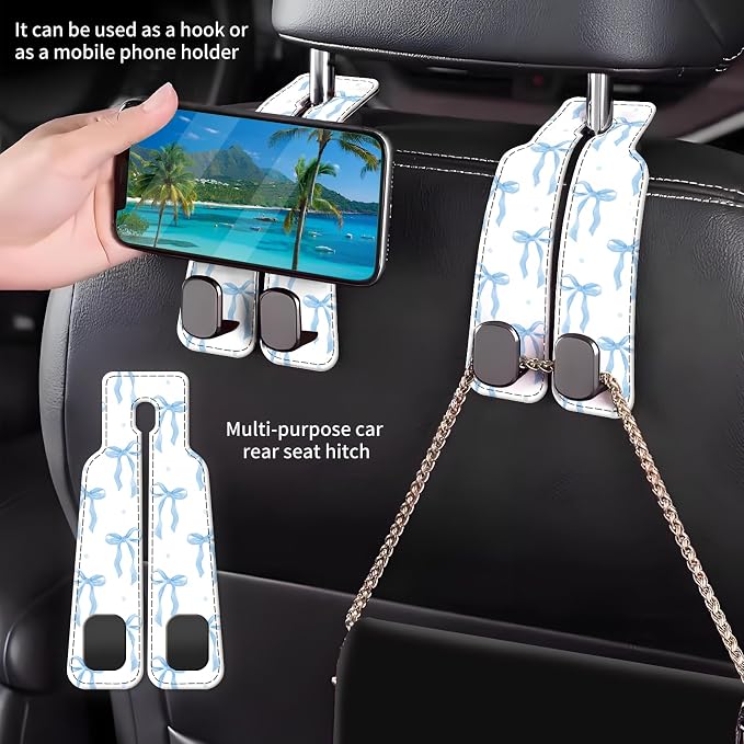 Car Seat Back Storage Headrest Hook, Premium Leather Double Metal Hook, Hanger Storage Organizer for Purse Cloth Bag, Car Interior Accessories Blue Cute Bowties - Image 2