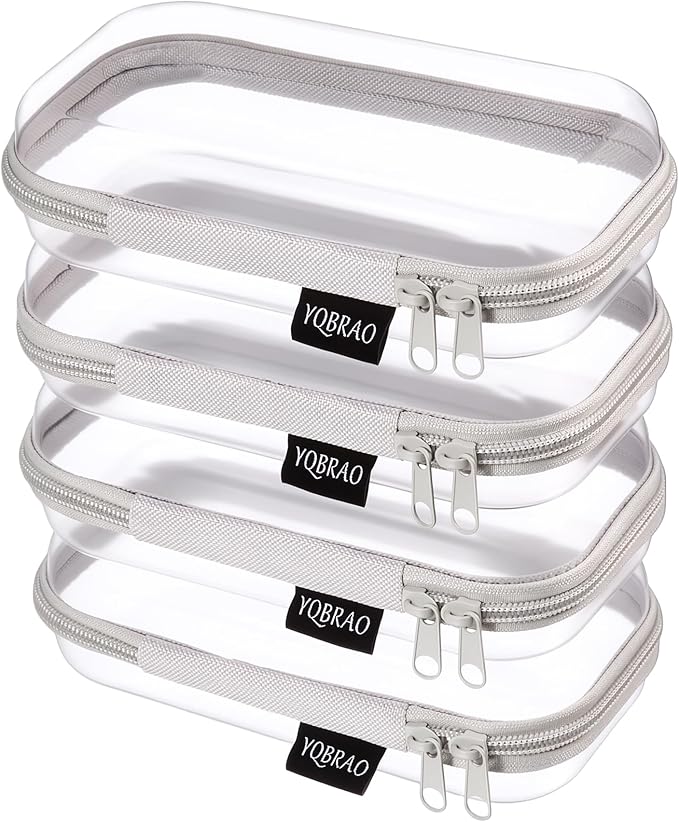 YQBRAO Clear Hard Shell Zipper Cases, 4 Small Cable Organizers, Grey | Rigid 1.2 mm PET and YKK dual zippers for cosmetics, charging cords, pens and travel accessories by Unknown