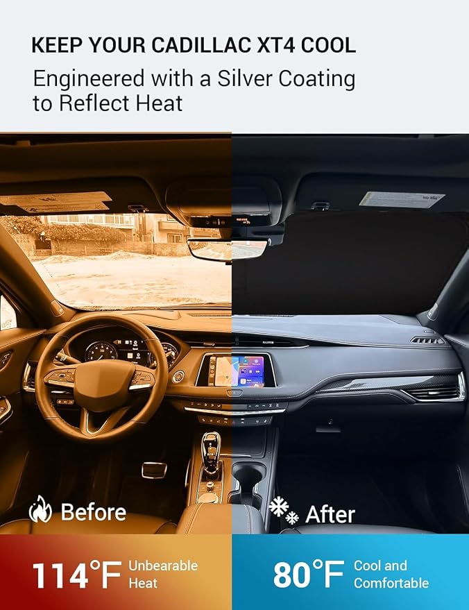 Proadsy Custom Fit 2019-2026 Cadillac XT4 Windshield Sun Shade, Blocks Heat | 240T Heat Shield, Drops Temp 54°F, Blocks 99% UV, Prevents Dashboard Cracking, Summer Parking & Beach Trips, Easy Twist-Fold - Image 3